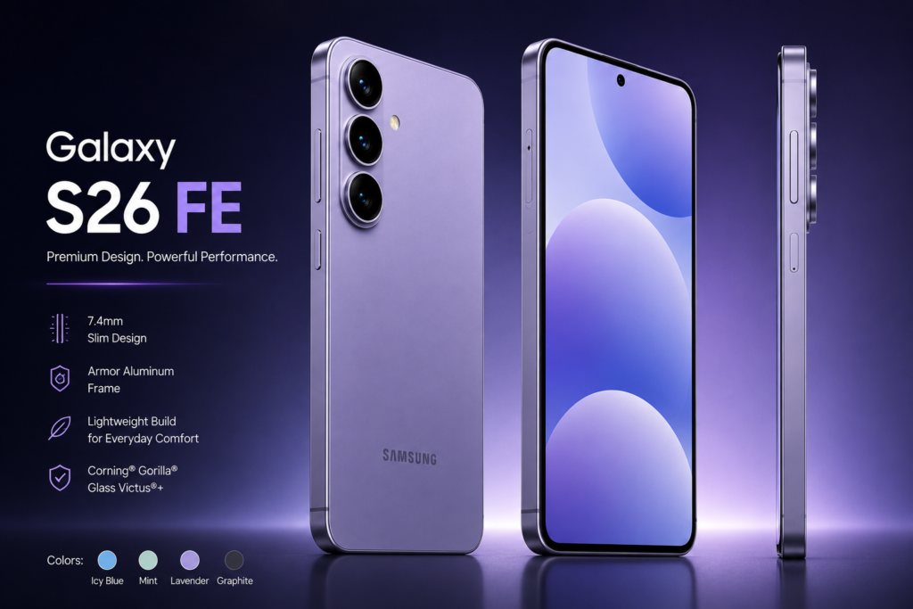 “Samsung Galaxy S26 FE concept render based on current rumors and leaks. This is not an official Samsung image.”